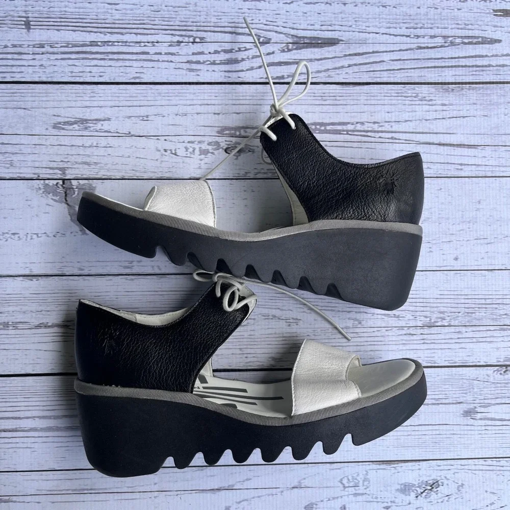 FLY LONDON Black White‎ Leather Lace Up Platform Wedge Sandals EU39 US8-8.5